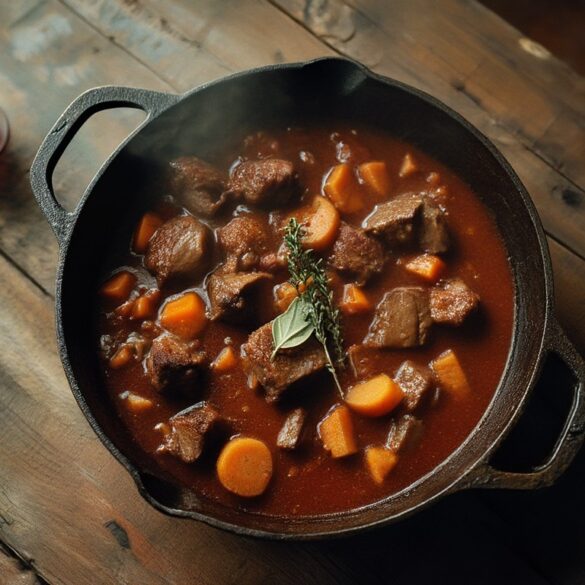 Rezept für Wildschweingulasch: Pfälzer Art, zart geschmort Pfälzisches Wildschweingulasch mit Rotweinsauce, Wurzelgemüse und Thymian in einem gusseisernen Schmortopf