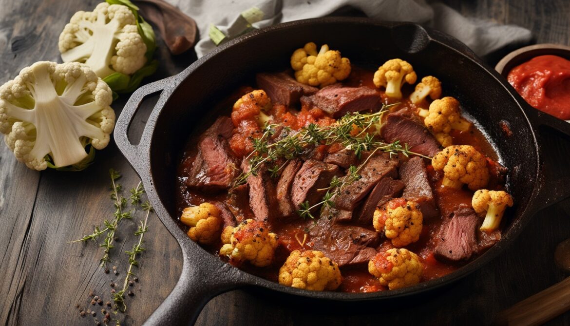 Gusseiserne Pfanne mit gebratenen Rindfleischstreifen und Blumenkohlröschen in Tomaten-Thymian-Sauce auf dunklem Holztisch