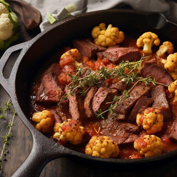 Gusseiserne Pfanne mit gebratenen Rindfleischstreifen und Blumenkohlröschen in Tomaten-Thymian-Sauce auf dunklem Holztisch