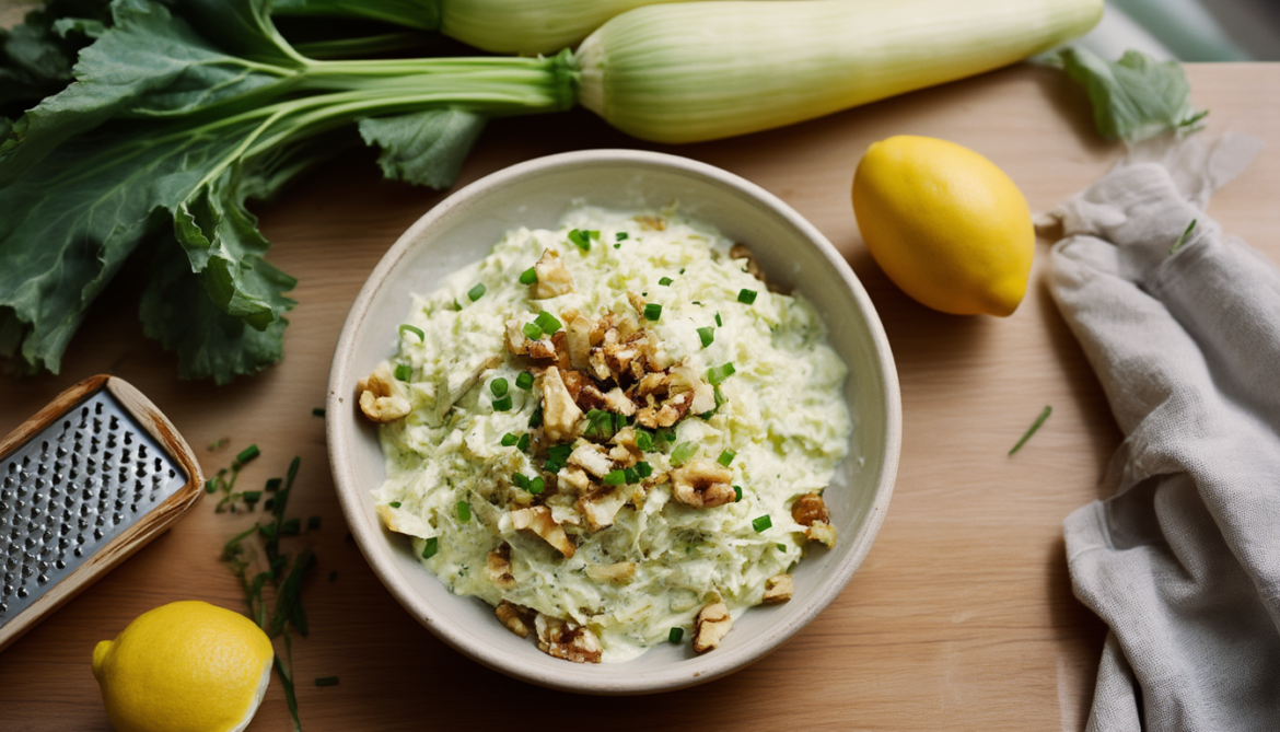 Schüssel mit rohem, grob geraspeltem Kohlrabi-Salat mit Joghurt-Dressing, gerösteten Walnüssen und Schnittlauch, daneben zwei ganze Kohlrabi und eine Reibe