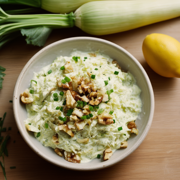 Roher Kohlrabi-Salat: knackig & low carb in 15 Minuten Schüssel mit rohem, grob geraspeltem Kohlrabi-Salat mit Joghurt-Dressing, gerösteten Walnüssen und Schnittlauch, daneben zwei ganze Kohlrabi und eine Reibe