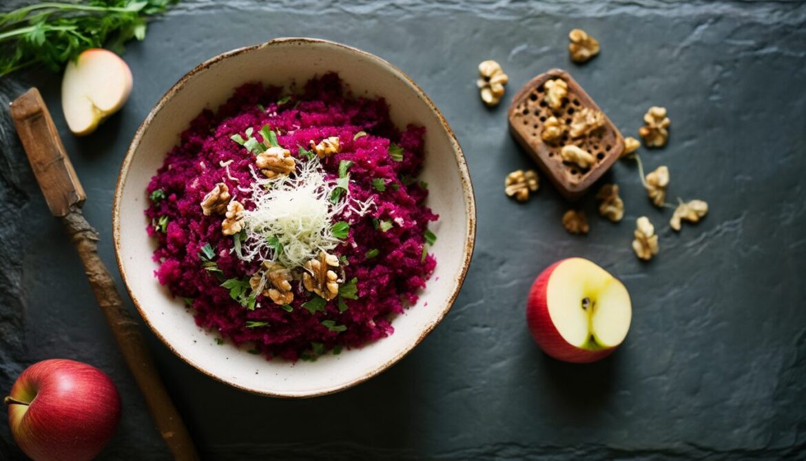 Rote-Bete-Salat mit geraspeltem Apfel, frisch geriebenem Meerrettich und gerösteten Walnüssen in einer Keramikschüssel