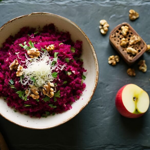Rote-Bete-Salat mit geraspeltem Apfel, frisch geriebenem Meerrettich und gerösteten Walnüssen in einer Keramikschüssel