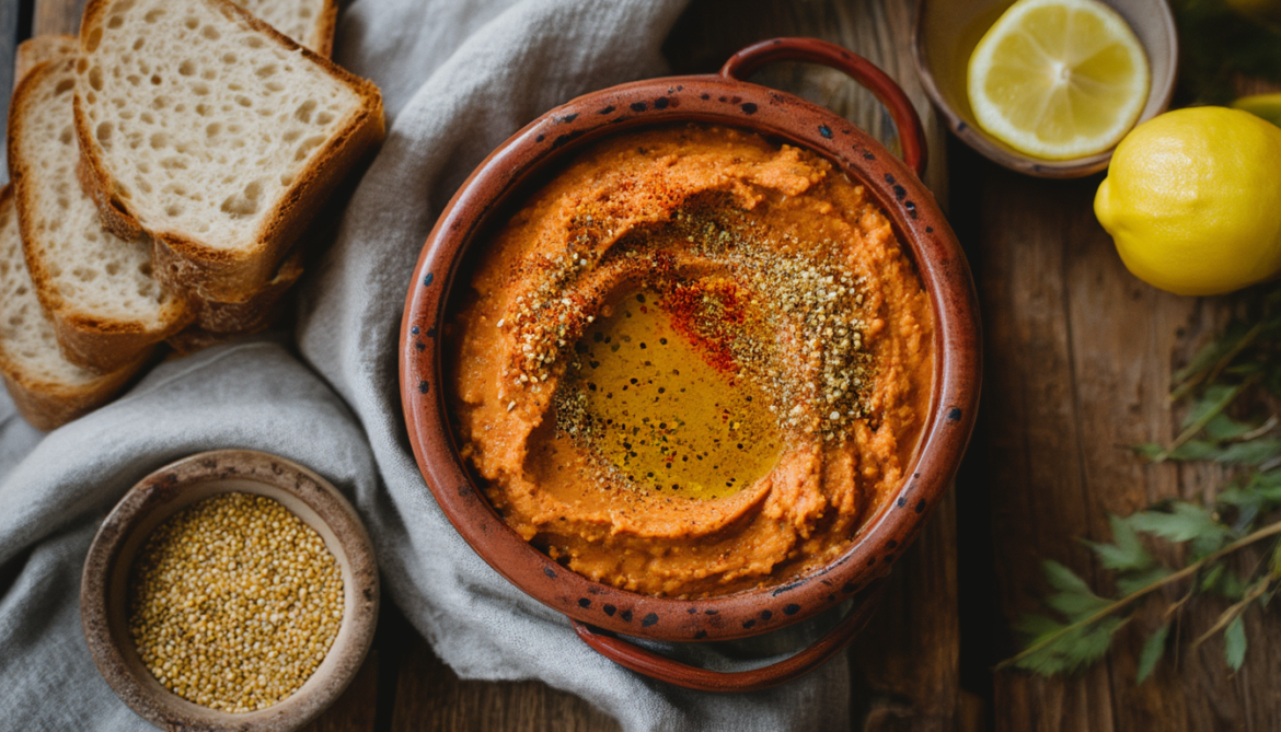 Cremiger veganer roter Linsen-Aufstrich in einer Schüssel mit Olivenöl, Paprikapulver und frischem Brot