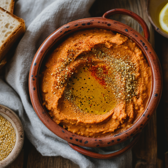 Roter Linsen-Aufstrich: cremig, vegan, in 20 Minuten Cremiger veganer roter Linsen-Aufstrich in einer Schüssel mit Olivenöl, Paprikapulver und frischem Brot
