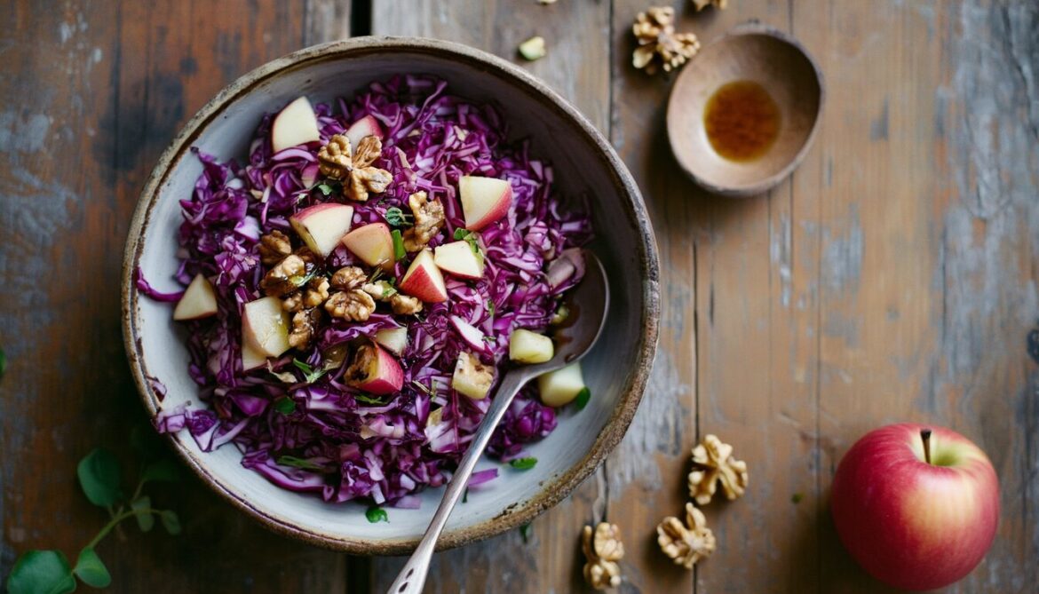 Roher Rotkohlsalat mit Apfelstücken und gerösteten Walnüssen in einer rustikalen Schüssel