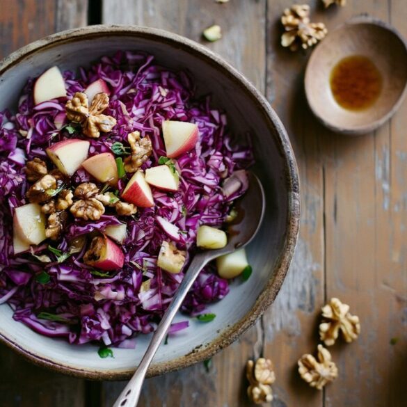 Roher Rotkohlsalat mit Apfelstücken und gerösteten Walnüssen in einer rustikalen Schüssel