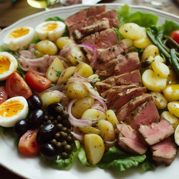Klassische Salade Niçoise mit Thunfisch, Ei, Kartoffeln, Bohnen, Tomaten und Oliven auf einer weißen Platte angerichtet