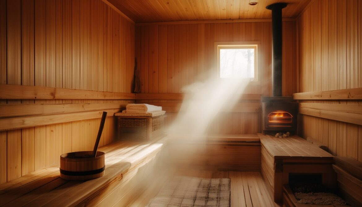 Warm beleuchtete finnische Sauna aus Holz mit Saunaofen, heißen Steinen, Holzkübel und Aufgusskelle sowie aufsteigendem Dampf