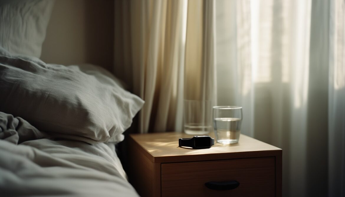 Smartwatch und Schlaf-Ring auf einem Nachttisch neben einem Bett im Morgenlicht