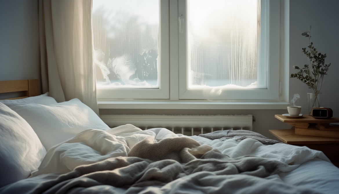 Schlafzimmer an einem Wintermorgen: zerknittertes weißes Bettzeug, Raureif am Fenster und eine dampfende Tasse Tee auf dem Nachttisch