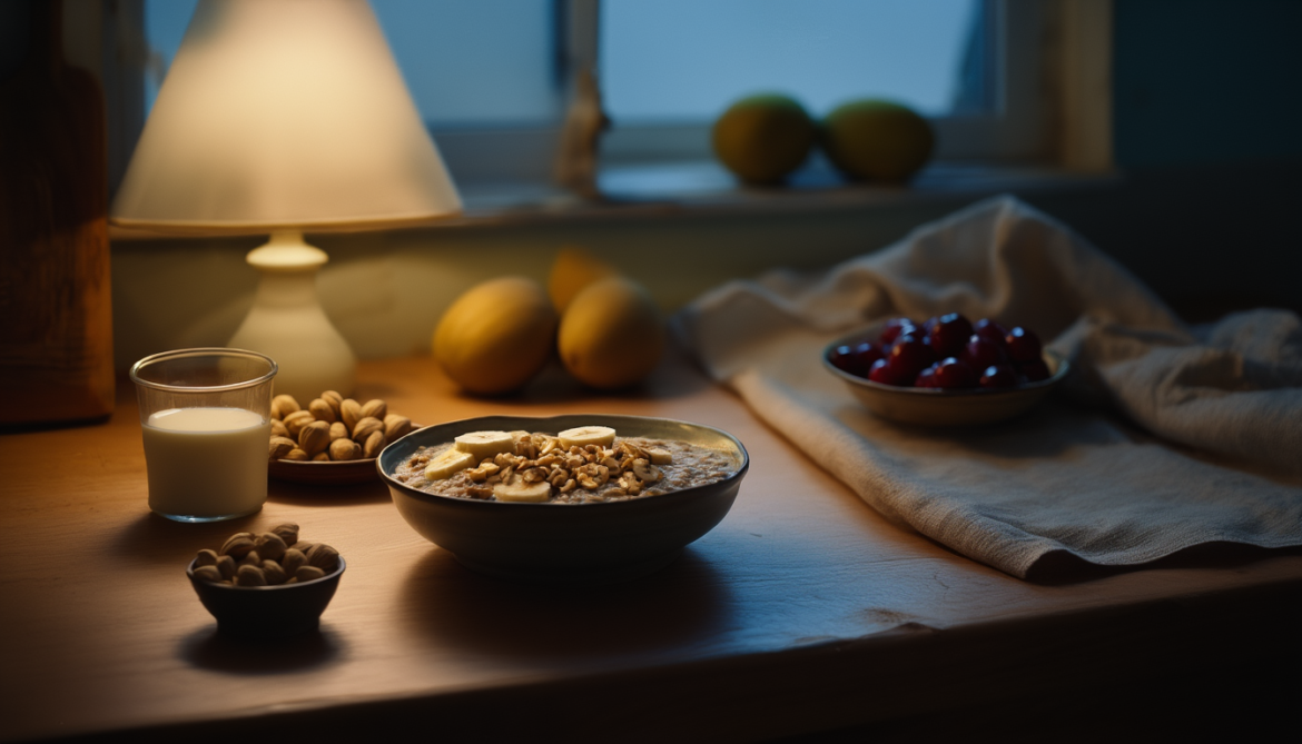 Abendlicher Küchentisch mit Haferflocken, Bananenscheiben, Walnüssen, warmer Milch, Pistazien und Sauerkirschen im gedämpften Licht