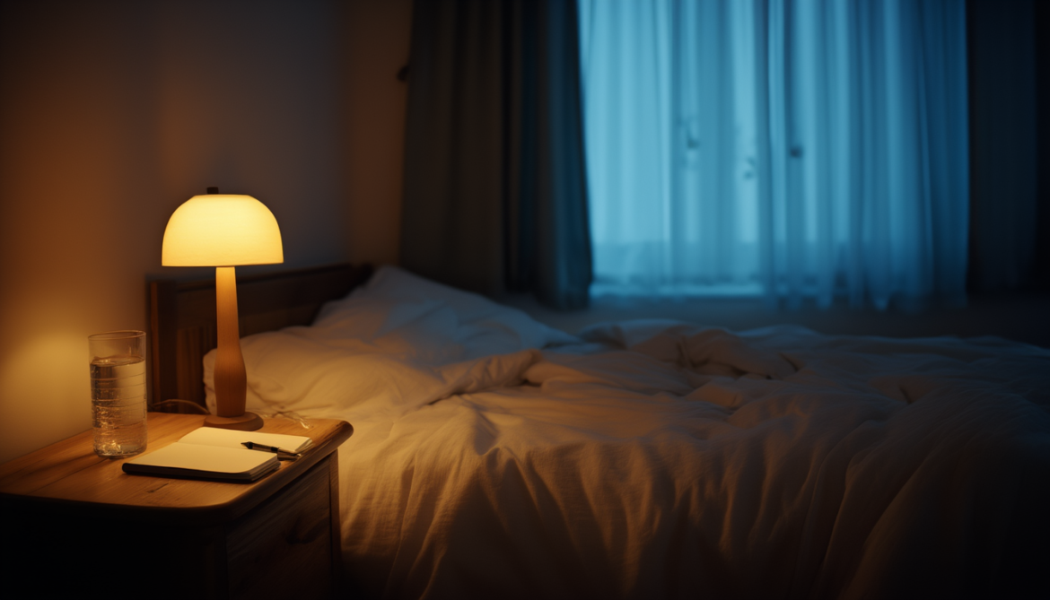 Abgedunkeltes Schlafzimmer bei Nacht mit warmer Nachttischlampe, leerem Notizblock, Stift und Wasserglas auf dem Nachttisch