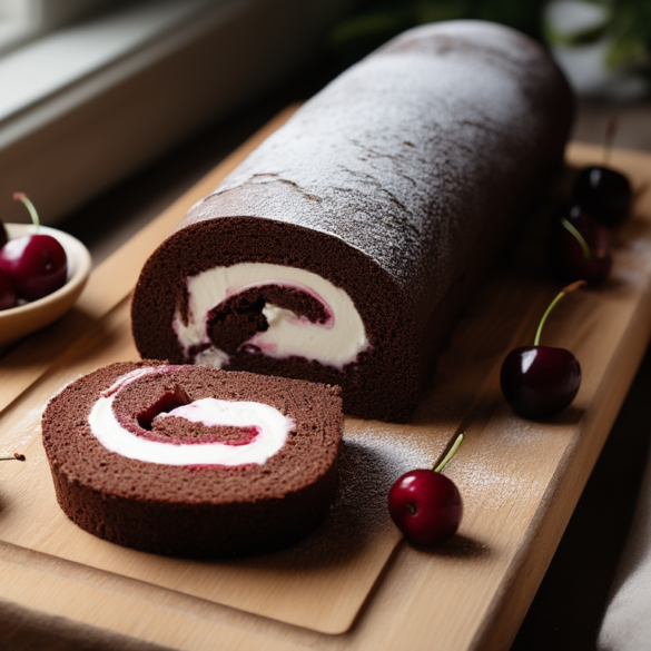 Schoko-Biskuitrolle mit Kirschen – saftig und ohne Risse Angeschnittene Schoko-Biskuitrolle mit Kirschen und Sahnefüllung, mit Puderzucker bestäubt, auf einem hellen Holzbrett