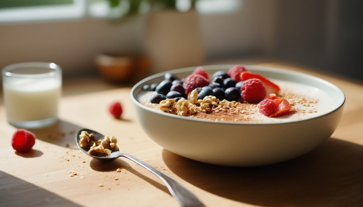 Cremige Skyr-Bowl mit frischen Beeren, gehackten Walnüssen und Leinsamen in heller Keramikschale auf hellem Holztisch
