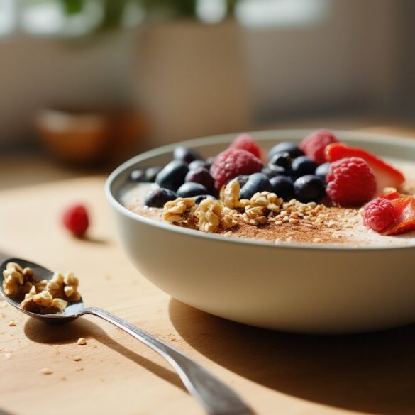 Cremige Skyr-Bowl mit frischen Beeren, gehackten Walnüssen und Leinsamen in heller Keramikschale auf hellem Holztisch