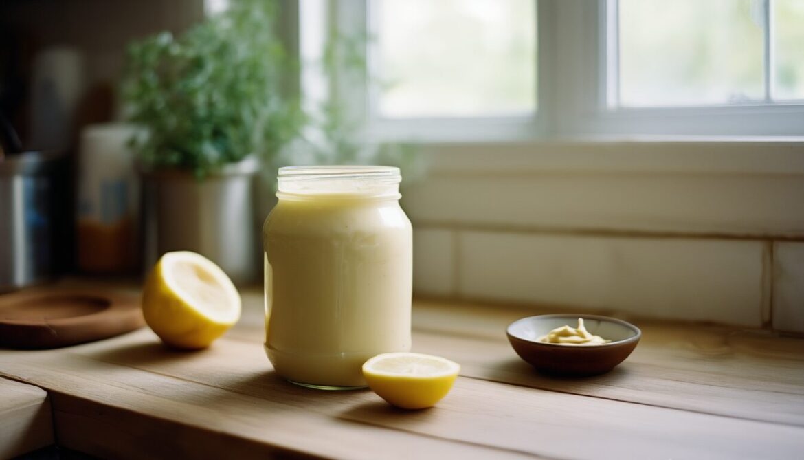Glas mit cremiger selbst gemachter Sojamayonnaise neben Stabmixer, Zitrone und Senf auf einer hellen Küchenarbeitsplatte