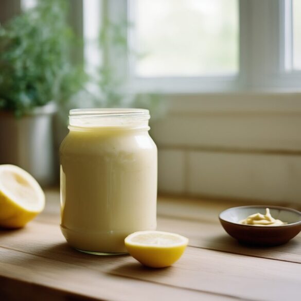 Glas mit cremiger selbst gemachter Sojamayonnaise neben Stabmixer, Zitrone und Senf auf einer hellen Küchenarbeitsplatte