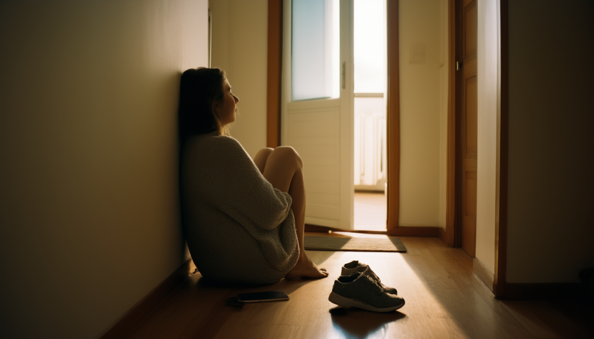 Frau sitzt in einem dämmrigen Flur neben der leicht geöffneten Wohnungstür, durch die Tageslicht fällt
