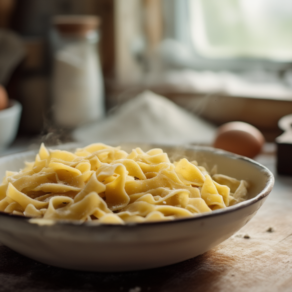 Spätzle-Grundrezept: lockerer Teig selbst gemacht Frisch gemachte hausgemachte Spätzle in einer weißen Schüssel auf einem Holztisch, daneben Eier, Mehl und eine Spätzlepresse