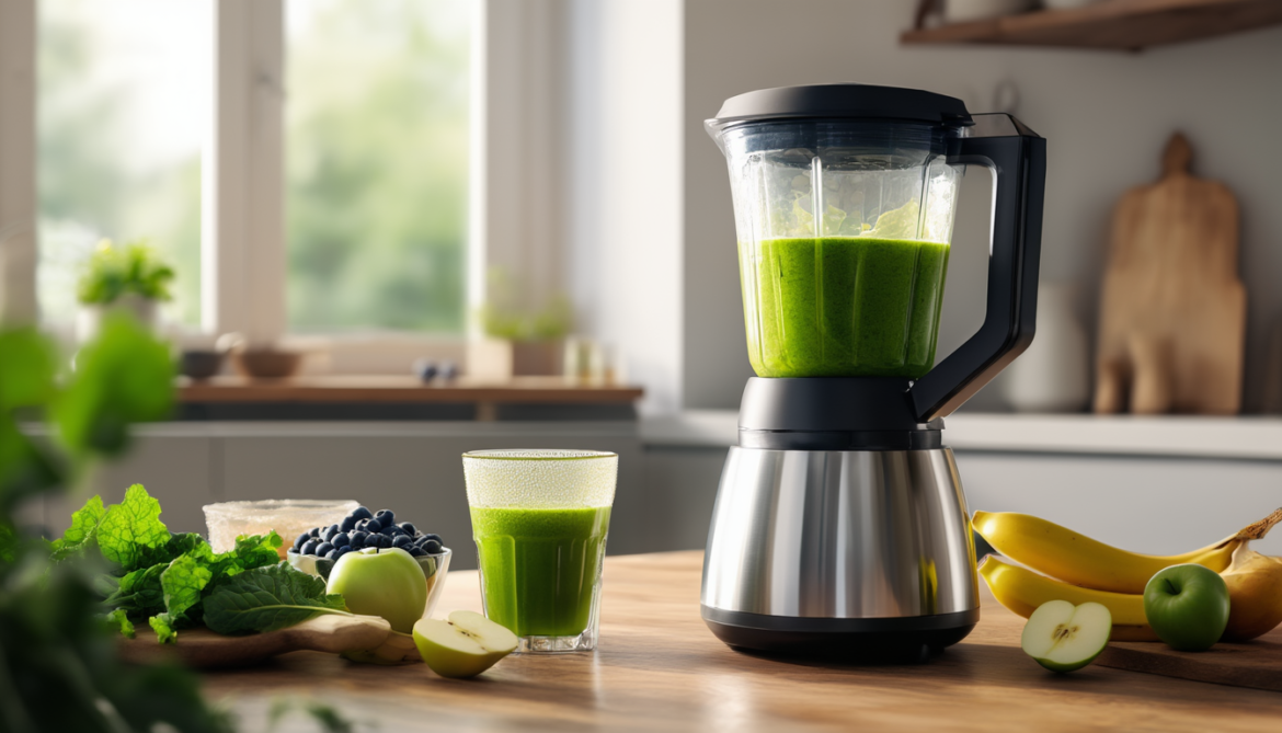Standmixer mit grünem Smoothie auf einer Küchenarbeitsplatte, daneben Spinat, Grünkohl, Apfel, Banane und gefrorene Beeren