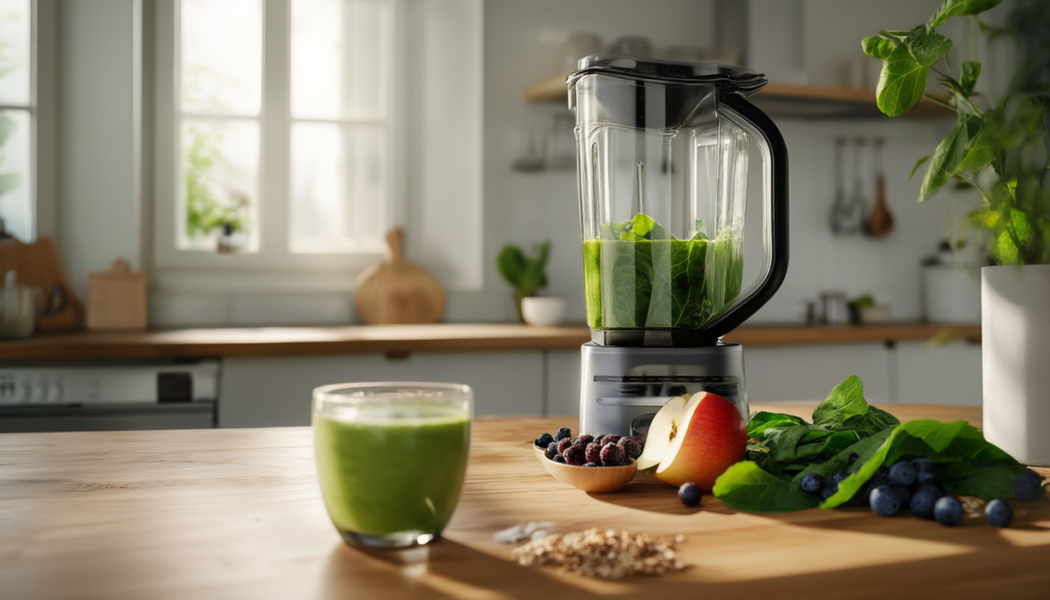 Standmixer mit Glasbehälter und grünem Smoothie auf einer Küchenarbeitsplatte, daneben Spinat, Apfel und gefrorene Beeren