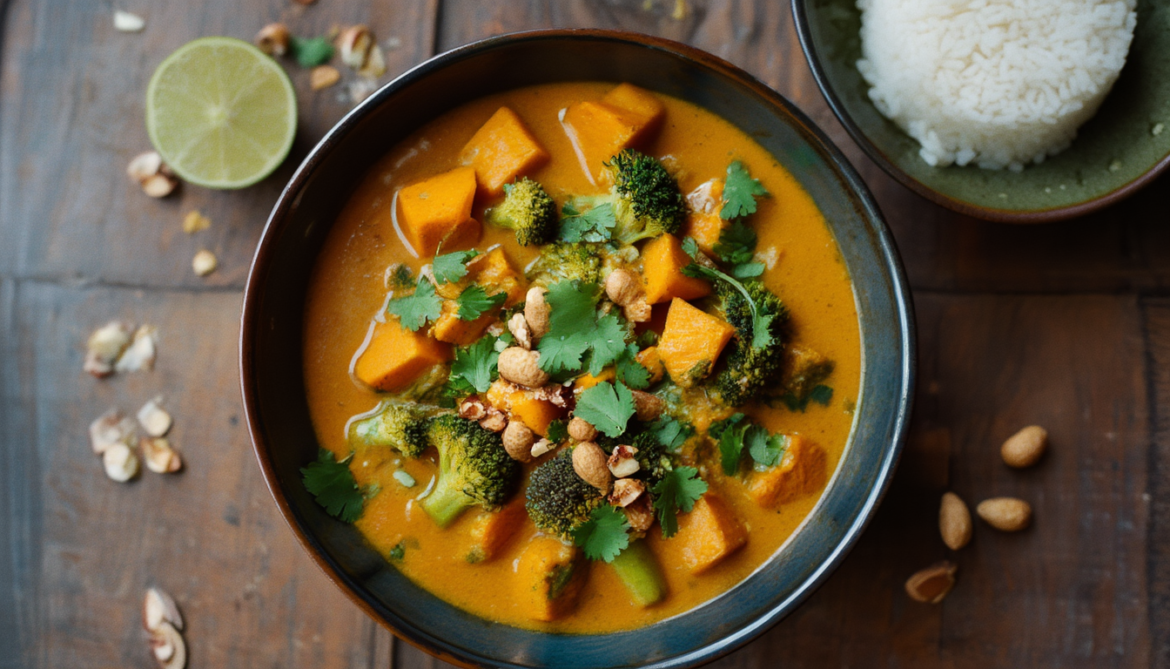 Cremiges veganes Süßkartoffel-Curry mit Kokosmilch, Brokkoli und Koriander in einer dunklen Schüssel