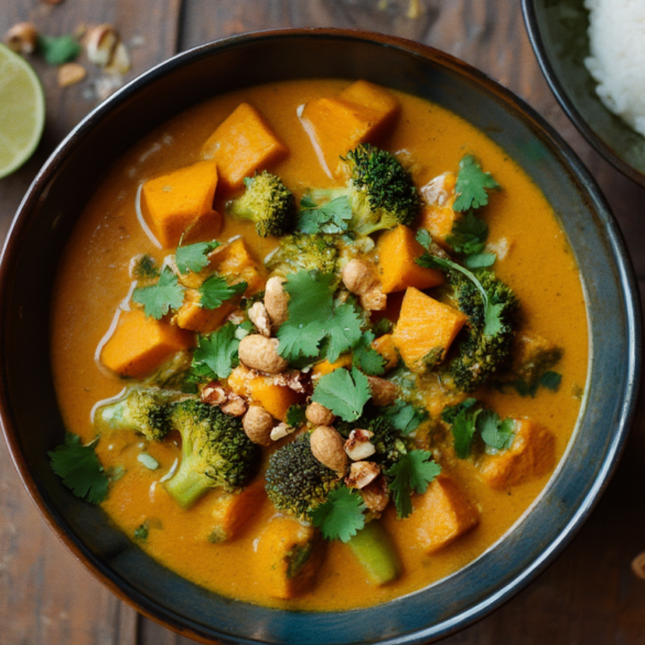 Cremiges veganes Süßkartoffel-Curry mit Kokosmilch, Brokkoli und Koriander in einer dunklen Schüssel