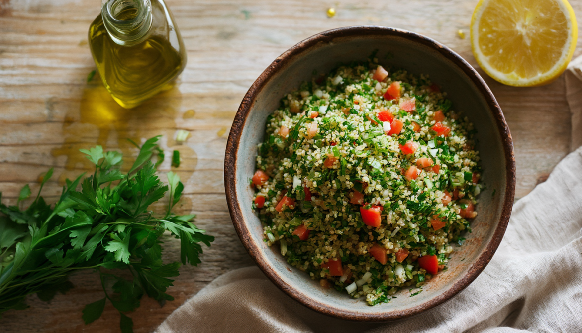 Schale mit libanesischem Tabouleh aus fein gehackter Petersilie, Bulgur, Tomatenwürfeln und Frühlingszwiebeln, daneben Zitrone und Olivenöl