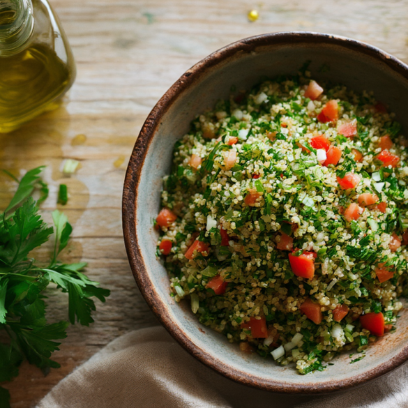 Schale mit libanesischem Tabouleh aus fein gehackter Petersilie, Bulgur, Tomatenwürfeln und Frühlingszwiebeln, daneben Zitrone und Olivenöl