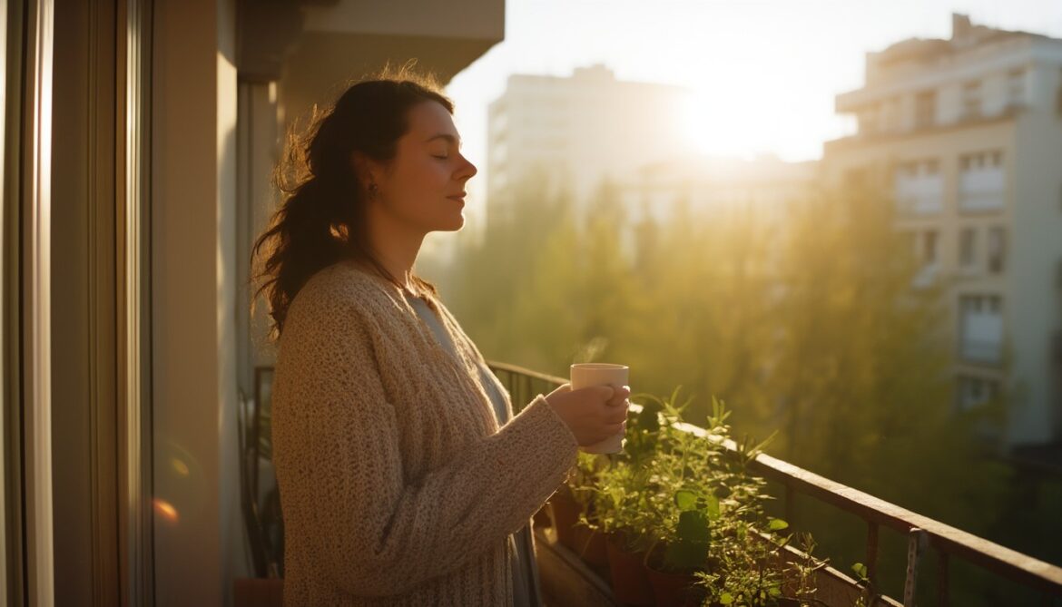 Frau steht am frühen Morgen mit einer Tasse in der Hand auf dem Balkon im hellen Tageslicht