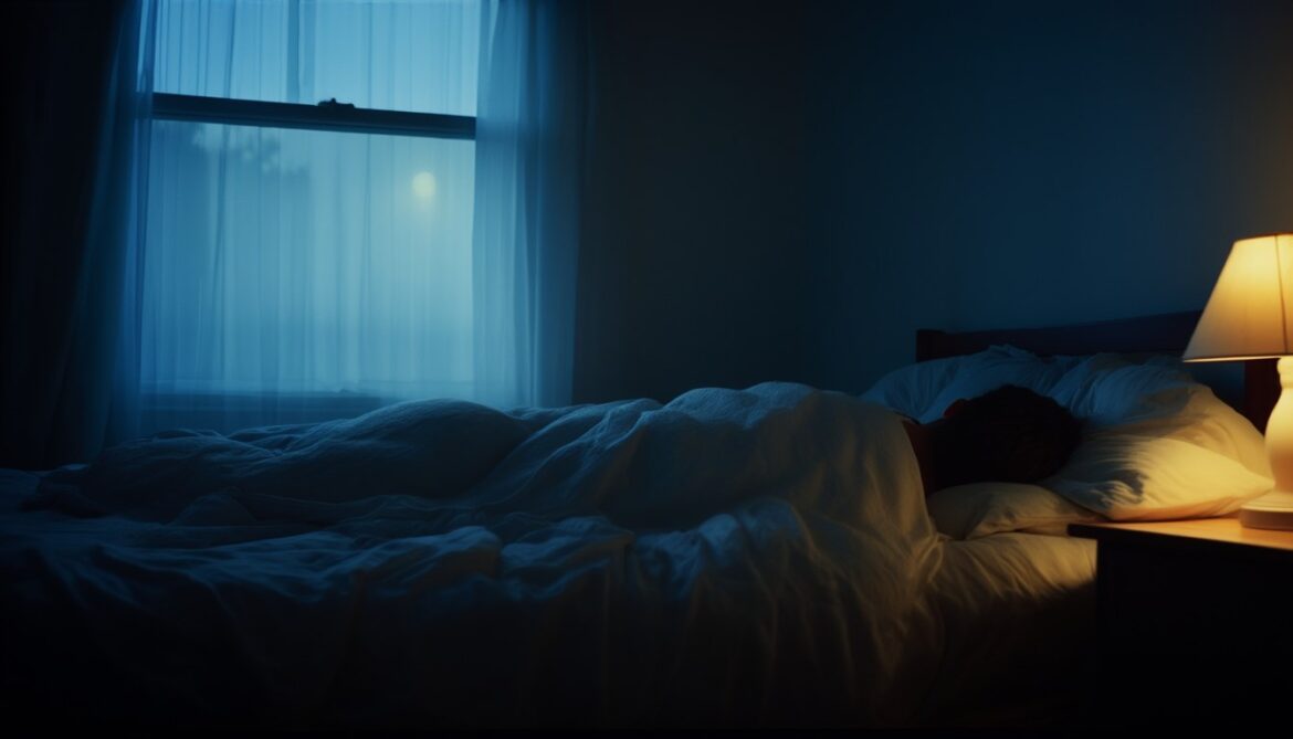 Person schläft ruhig in einem kühlen, abgedunkelten Schlafzimmer bei Mondlicht