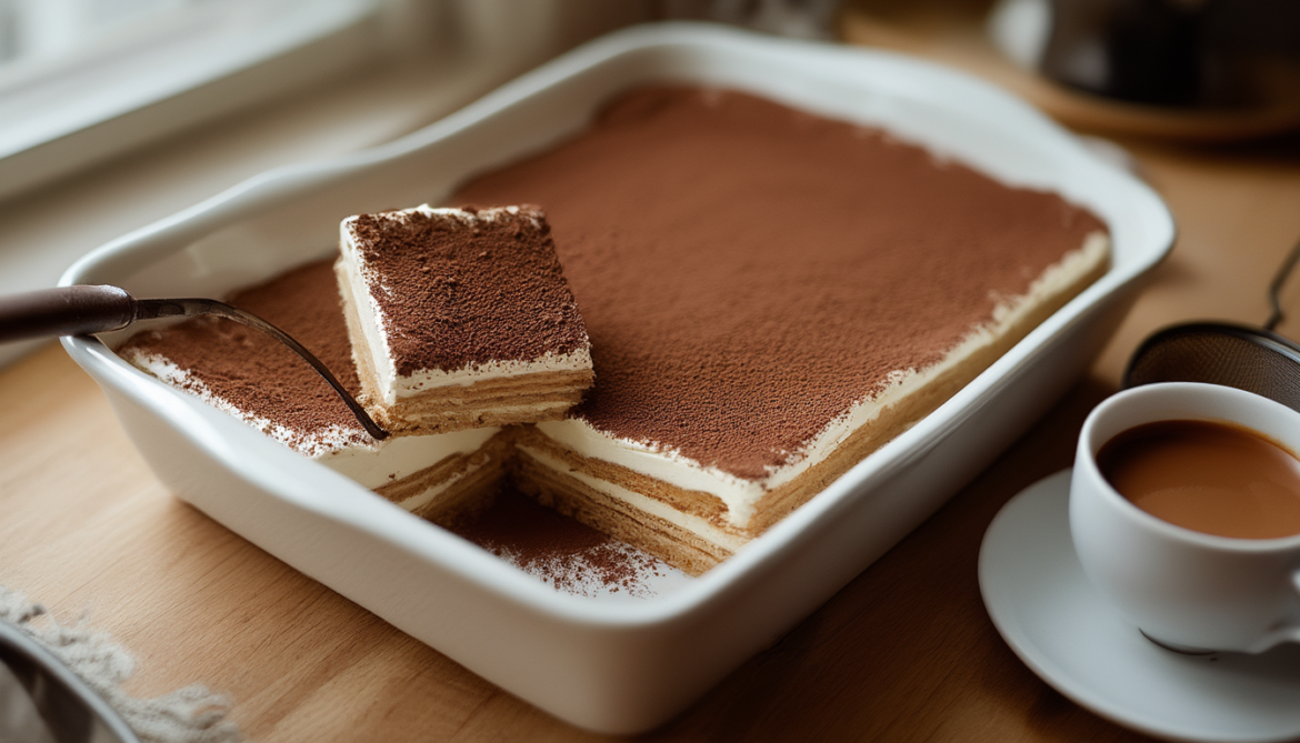 Tiramisu Schnitten in einer eckigen Form, mit Kakao bestäubt, ein Stück mit sichtbaren Löffelbiskuit- und Mascarponeschichten herausgehoben