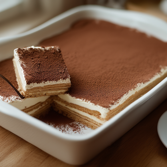 Tiramisu Schnitten in einer eckigen Form, mit Kakao bestäubt, ein Stück mit sichtbaren Löffelbiskuit- und Mascarponeschichten herausgehoben