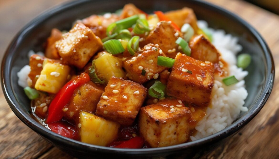 Knuspriger Tofu süß-sauer mit Paprika, Ananas und Sesam in einer dunklen Schale über Reis