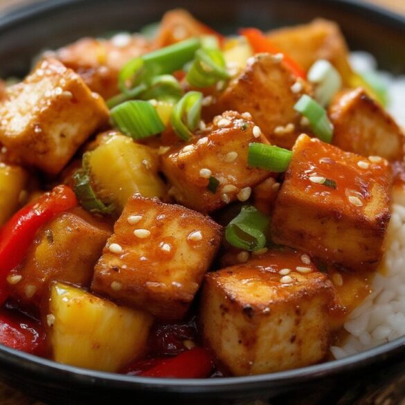 Tofu süß-sauer wie beim Asiaten – knusprig und vegan Knuspriger Tofu süß-sauer mit Paprika, Ananas und Sesam in einer dunklen Schale über Reis