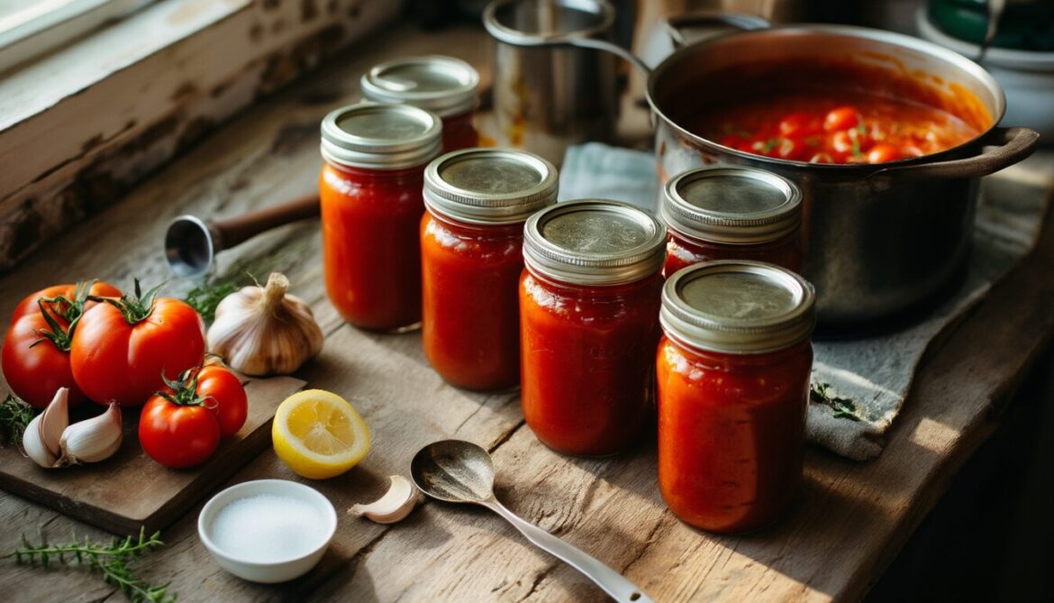 Vier Einmachgläser mit eingekochter Tomatensauce kühlen auf einem Holztisch neben Topf, Trichter, frischen Tomaten und einer halbierten Zitrone aus