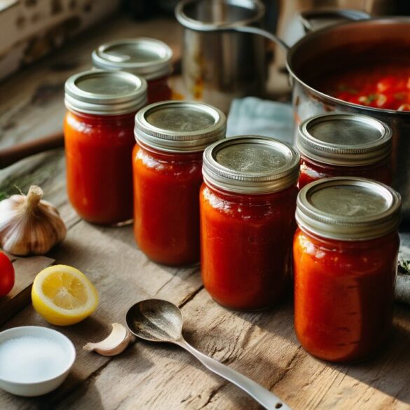 Vier Einmachgläser mit eingekochter Tomatensauce kühlen auf einem Holztisch neben Topf, Trichter, frischen Tomaten und einer halbierten Zitrone aus