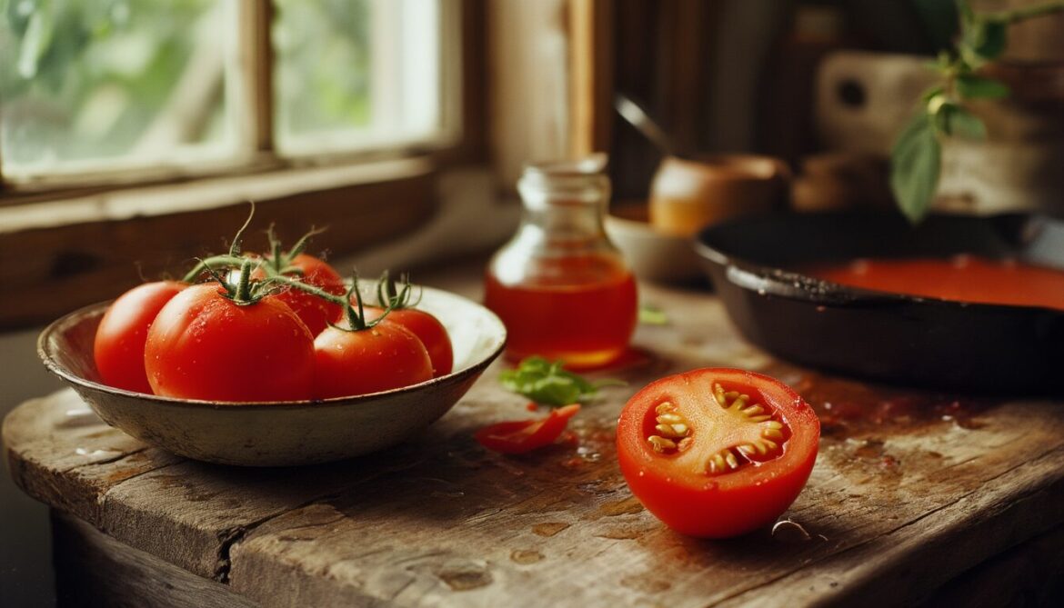 Reife Strauchtomaten in einer Schale auf einer Holzarbeitsplatte, daneben eine halbierte Tomate, Olivenöl und eine Pfanne mit köchelnder Tomatensauce