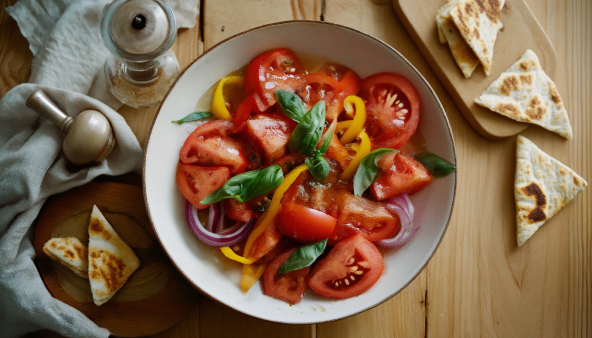 Tomatensalat mit roter Zwiebel, Paprika und Basilikum in einer Schale, darauf knusprige gebackene Vollkorn-Wraps-Chips