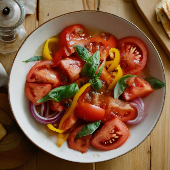 Tomatensalat mit roter Zwiebel, Paprika und Basilikum in einer Schale, darauf knusprige gebackene Vollkorn-Wraps-Chips