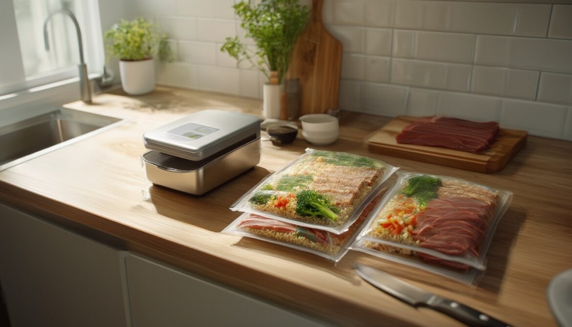 Vakuumierer auf einer Küchenarbeitsplatte verschweißt einen Beutel mit mariniertem Hähnchen, daneben gestapelte vakuumierte Meal-Prep-Portionen