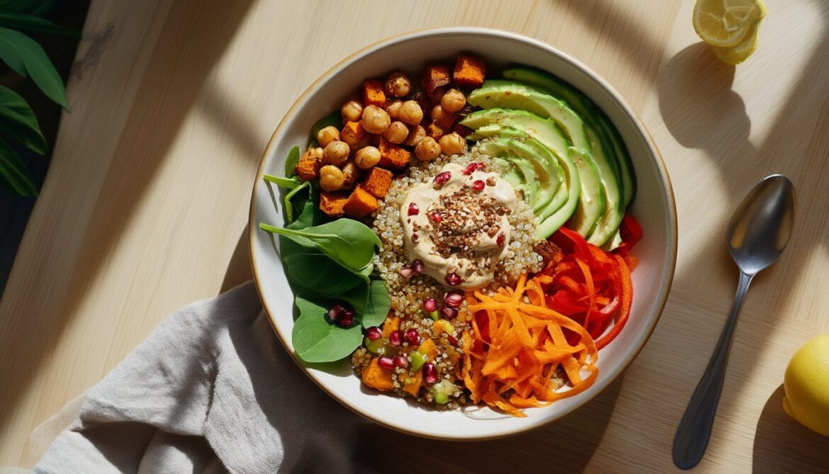 Vegane Buddha Bowl mit Quinoa, knusprigen Kichererbsen, Süßkartoffel, Avocado und Tahini-Dressing in einer hellen Keramikschüssel von oben fotografiert