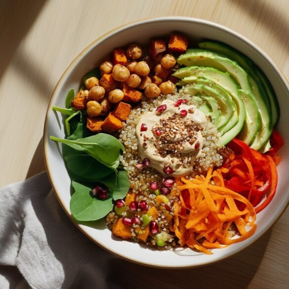 Vegane Buddha Bowl mit Quinoa, knusprigen Kichererbsen, Süßkartoffel, Avocado und Tahini-Dressing in einer hellen Keramikschüssel von oben fotografiert