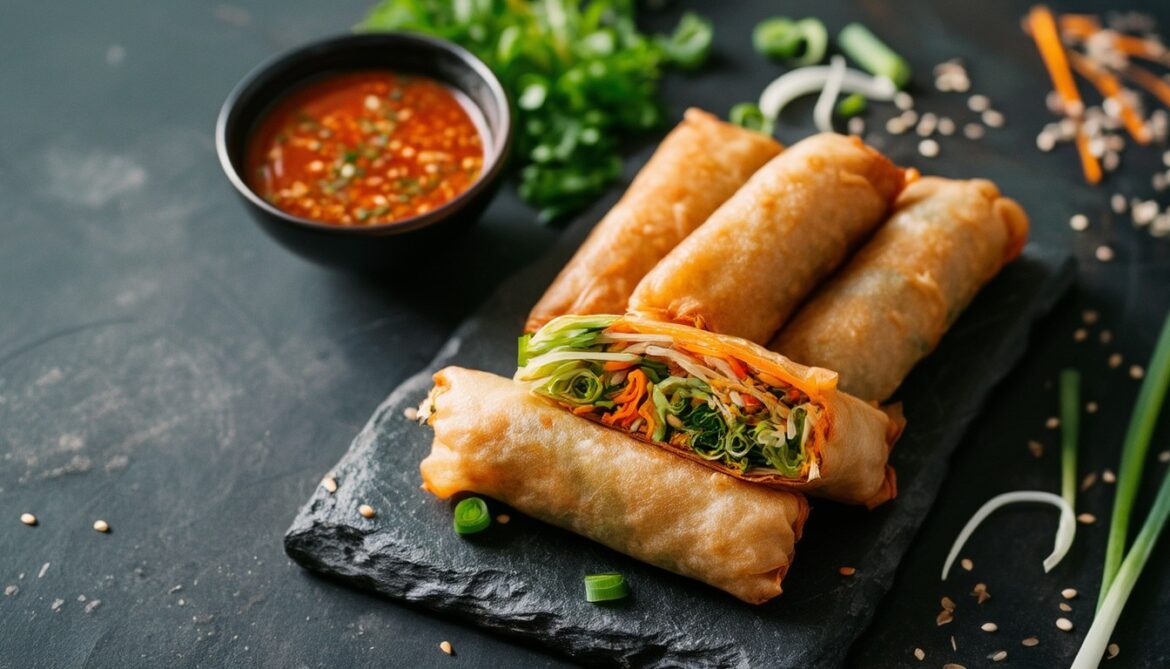 Knusprige vegane Frühlingsrollen mit Gemüsefüllung auf einem Teller mit Chili-Dip