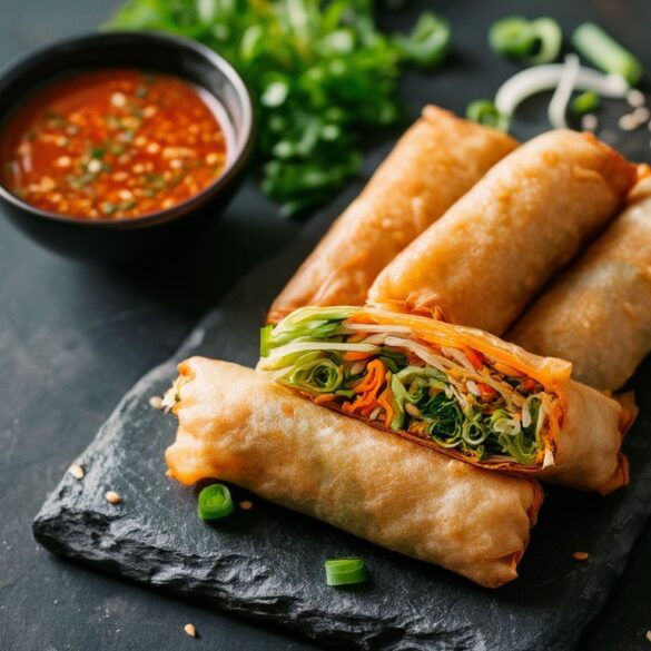 Knusprige vegane Frühlingsrollen mit Gemüsefüllung auf einem Teller mit Chili-Dip