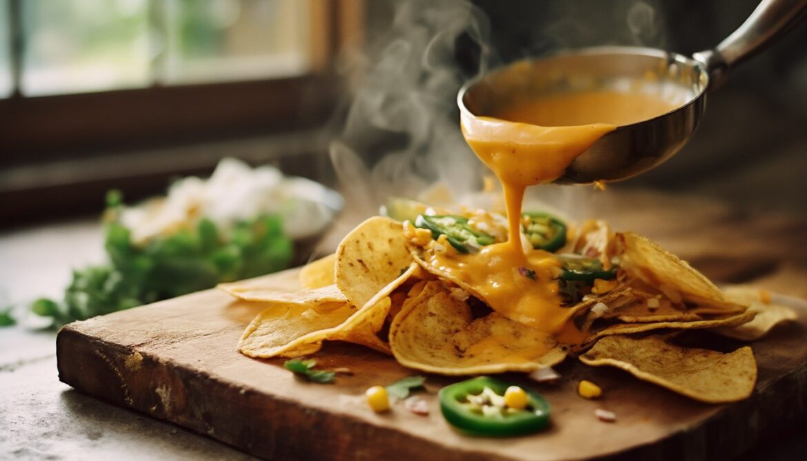 Gießbare vegane Käsesoße aus Cashew und Hefeflocken läuft goldgelb über knusprige Nachos