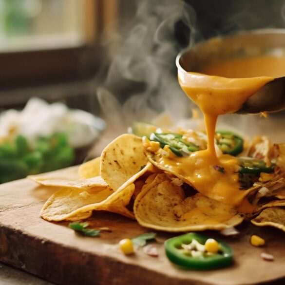 Vegane Käsesoße selber machen: gießbarer Nacho-Cheese Gießbare vegane Käsesoße aus Cashew und Hefeflocken läuft goldgelb über knusprige Nachos