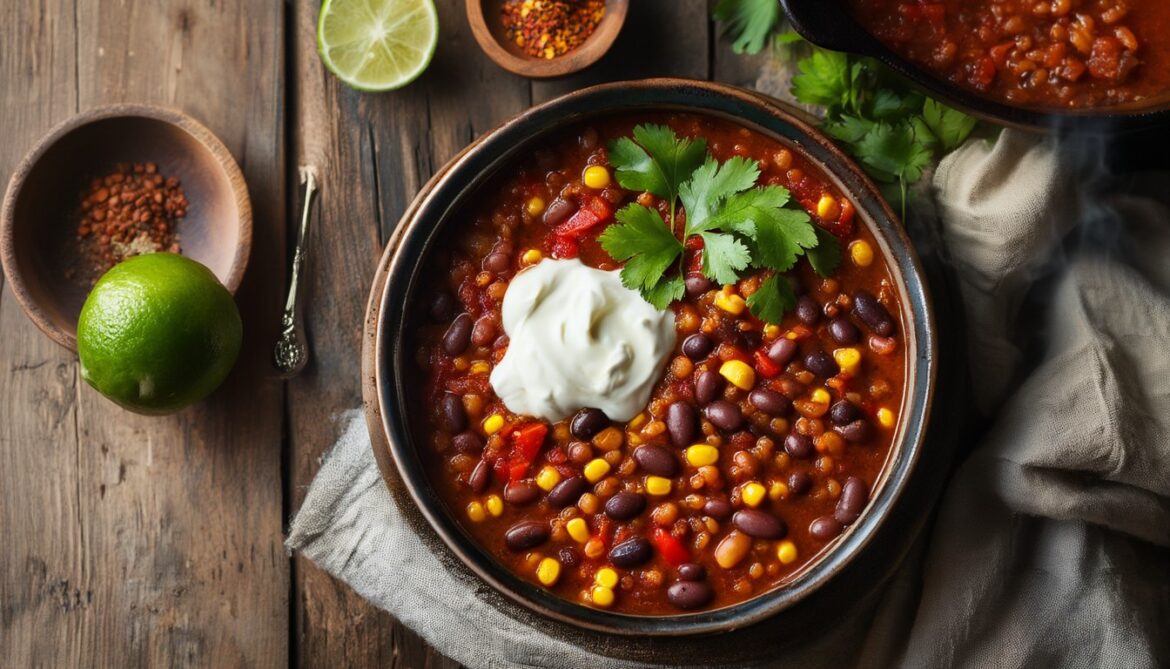 Veganes Chili sin Carne mit roten Linsen, Kidneybohnen, schwarzen Bohnen und Mais in einer dunklen Schüssel, garniert mit Koriander und Limette