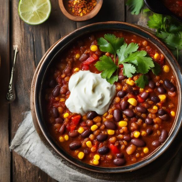 Veganes Chili sin Carne mit roten Linsen, Kidneybohnen, schwarzen Bohnen und Mais in einer dunklen Schüssel, garniert mit Koriander und Limette
